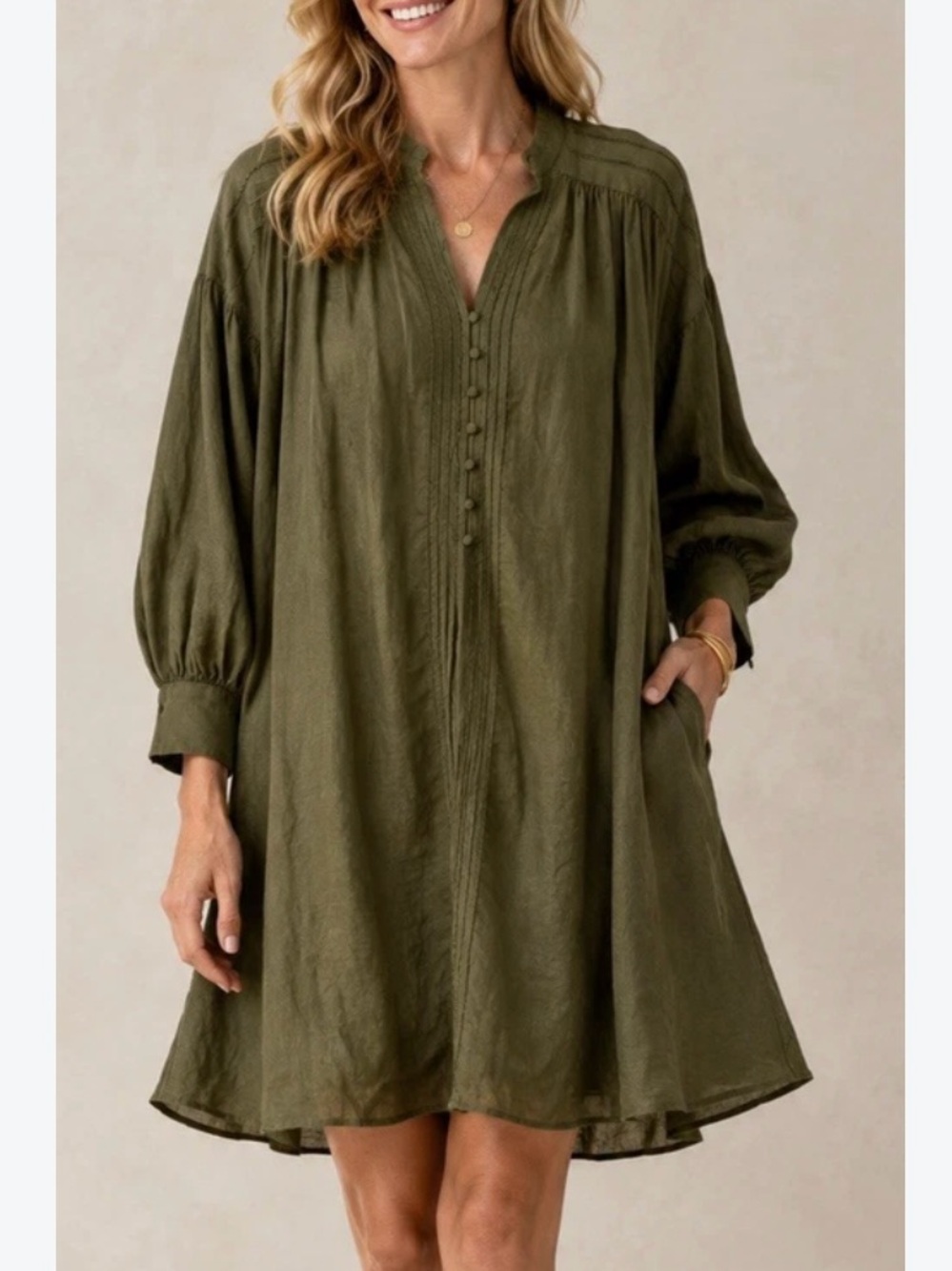 Banana Republic Linen Olive Green Long-Sleeve Button-Front Women's Tunic Dress